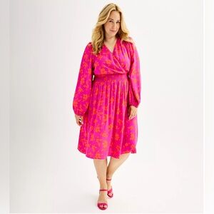 Draper James RSVP Dress Woman’s 1X Fuchsia/Orange Smocked Waist Long Sleeves NWT